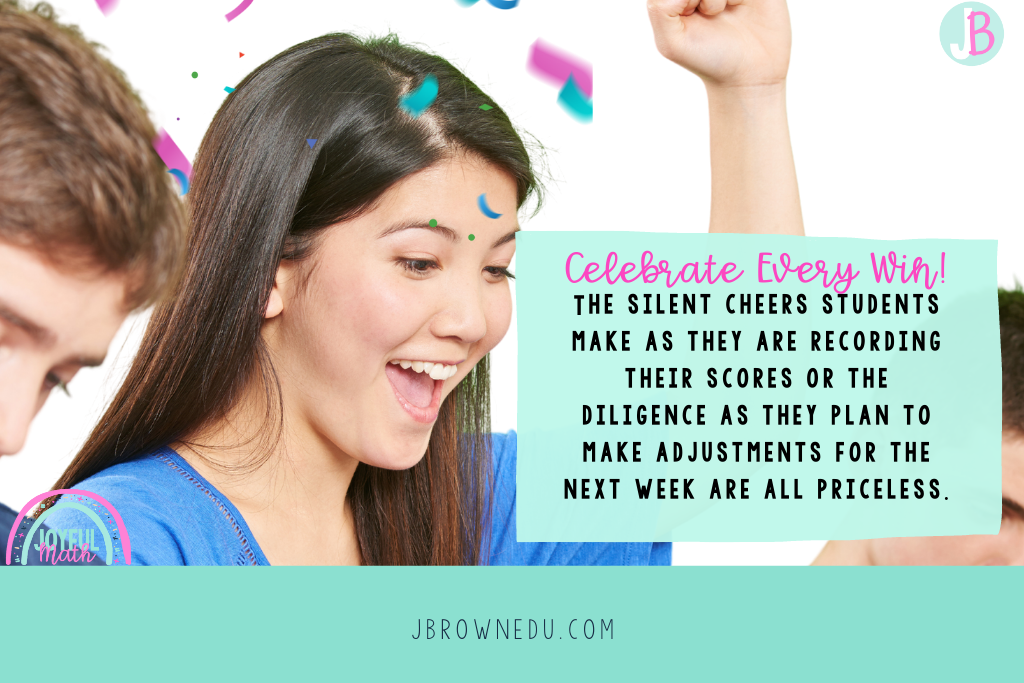 a quote about how celebrating wins can answer the question how can goal setting help with academic performance. A girl is celebrating with one hand in the air and confetti falling. 
