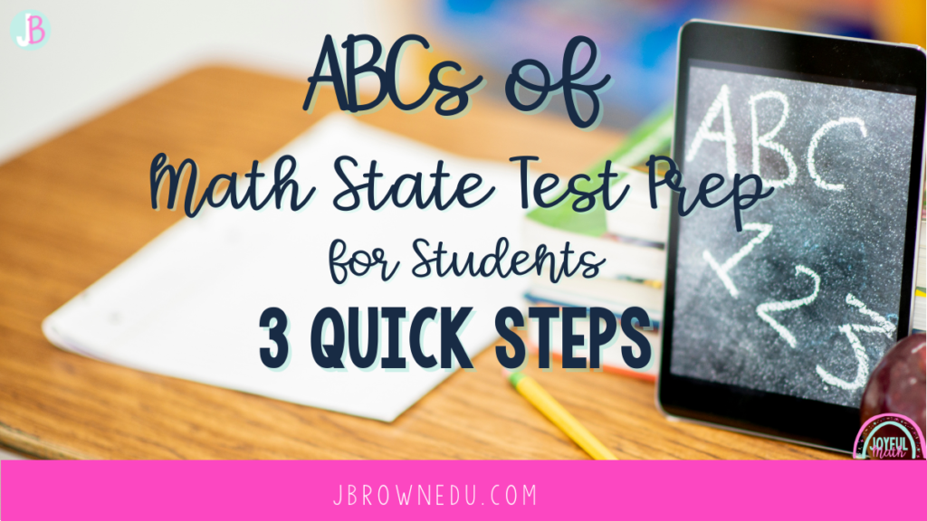 math state test prep feature text with ipad, pencil, and paper in background on a desk