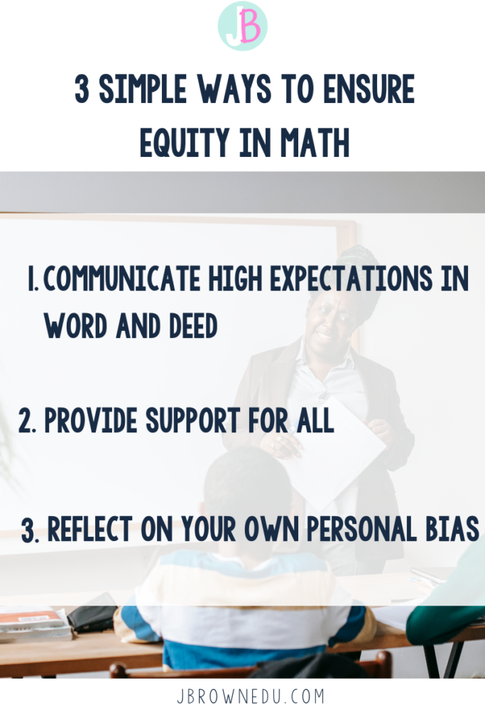 Equity in math tips with a black female teachers standing in front of the whiteboard in a classroom with a black male student. 